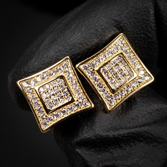 Small 3D Yellow Gold Plated Hip Hop Screw Back Iced Cz Mens Square Earrings - Picture 2 of 6